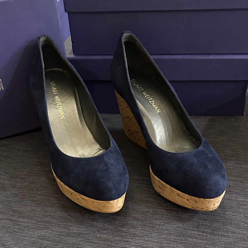 Stuart Weitzman Navy Suede Cork Platform Wedge Pumps